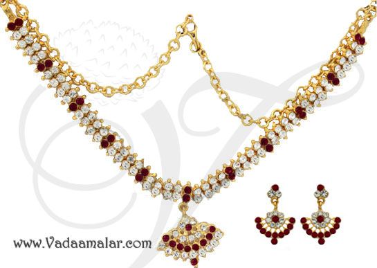 Attikai sparkling white and maroon stones atti closed neck necklace choker Indian jewelry ornament
