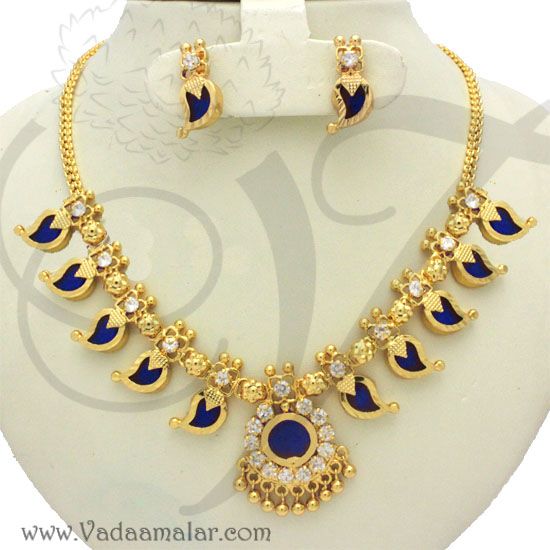 Palakkamala Blue Kerala Choker With Earrings Micro gold plated Palakka Necklace