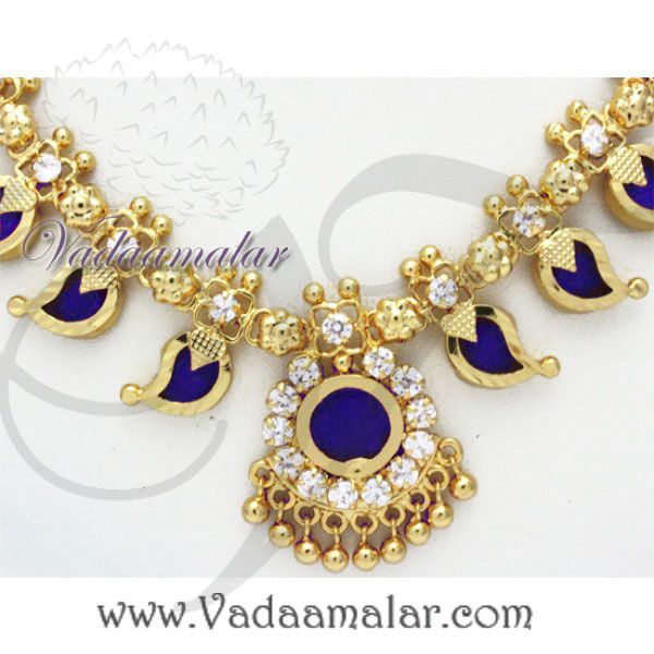 Palakkamala Blue Kerala Choker With Earrings Micro gold plated Palakka Necklace