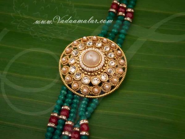 Green crystal beads step necklace for Sarees Double side pendant
