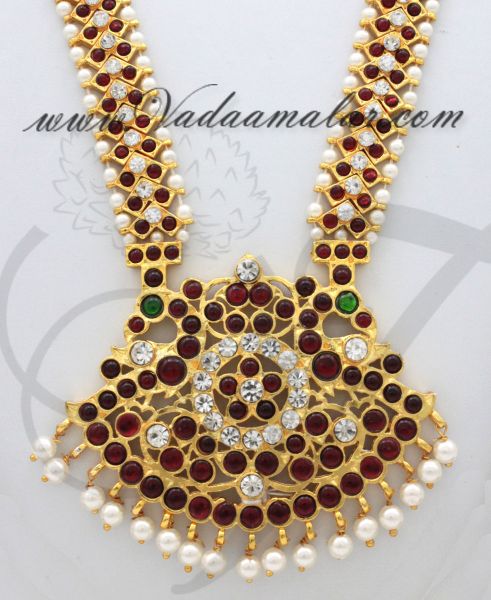 Long Necklace and Jhumki White and Red Kemp Stones Kuchipudi Jewelry