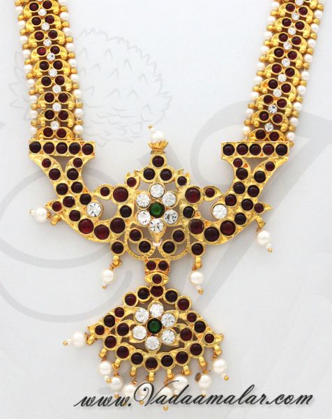 Buy Online - Long Haaram, Jhumka & Tikka Temple jewellery Set
