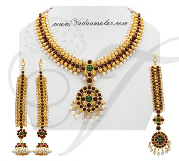 Temple Jewelry Short Necklace Jhumka mattal Earring and Tikka Set Red ...
