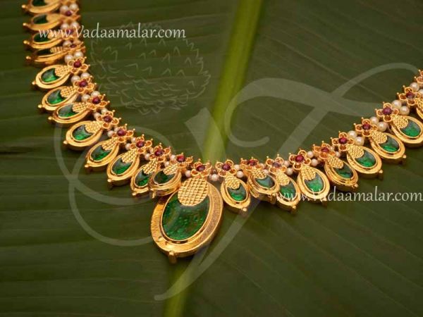 Traditional Indian Kerala Pearl Palakka Green Enamel Necklace 
