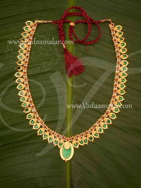 Traditional Indian Kerala Pearl Palakka Green Enamel Necklace 