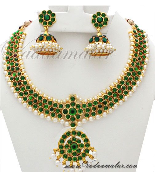 Green colour Kemp Jewelry Necklace Jhumka Set