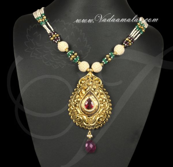 Antique design pendent with beads necklace set for saree salwar