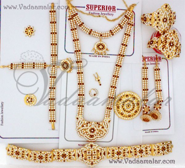 Bride Jewelry 10 pices set Bharatanatyam dance white and maroon stone Traditional India jewellery set