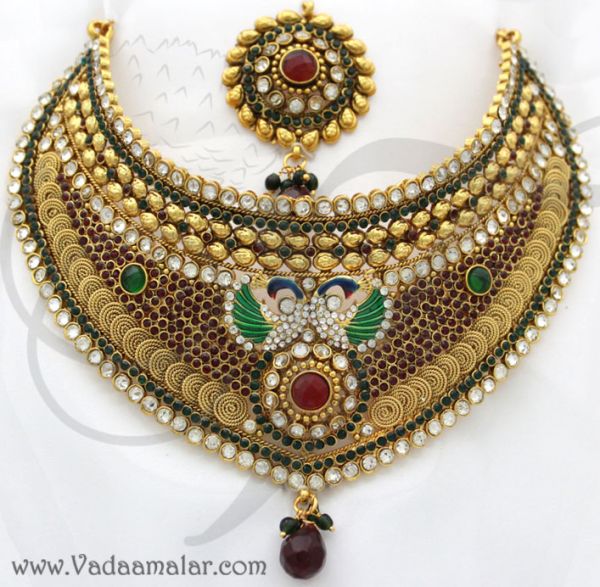 Antique design Multi Colour stones Design Jewellery Set 16 piece ornaments for Bridal Saree