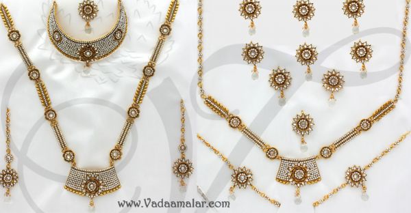 Antique design full White stones Design Jewellery Set 16 piece ornaments for Bridal Saree
