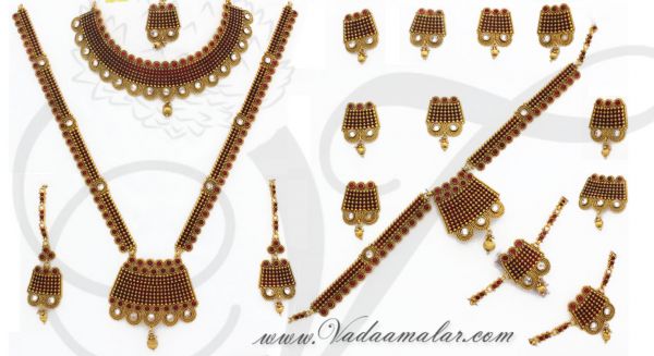 Elegant design red stone Indian bridal jewellery full set 16 pieces wedding collection buy online