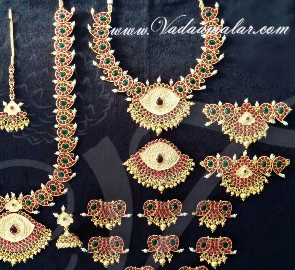 Antique Design Maroon and Green Color Stones Jewellery Set 8 piece Ornaments for Bridal Saree