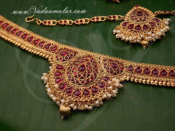 Antique Design Maroon Color Stones Jewellery Set 8 piece Ornaments for Bridal Saree