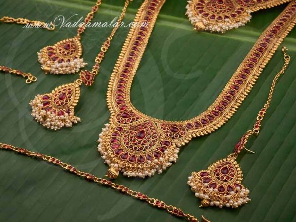 Antique Design Maroon Color Stones Jewellery Set 8 piece Ornaments for Bridal Saree