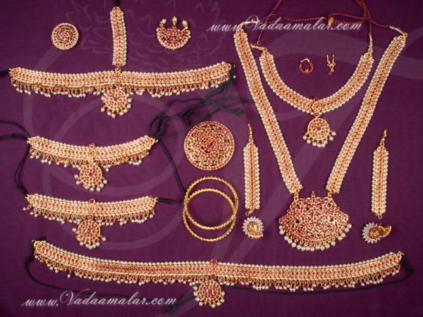 10 pcs Full Red stones South Indian wedding bridal jewellery full set