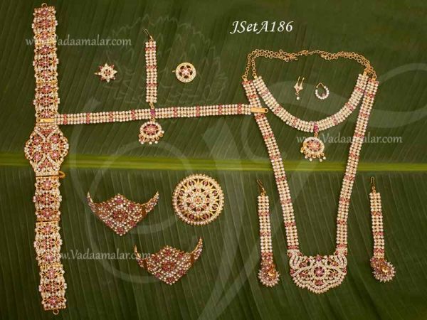 Bride Jewelry 10 pices set Bharatanatyam dance white and pink stone Traditional India jewellery set