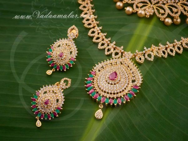 Ruby Emerald Stones Short and Long Necklace Indian Bridal Jewellery Set