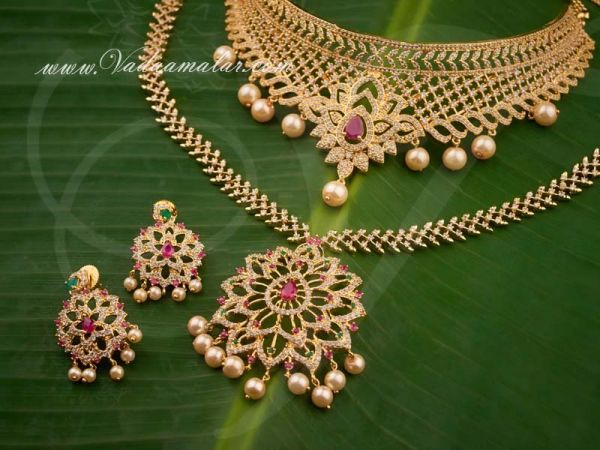A.D Stones Short and Long Necklace Indian Bridal Jewellery Set
