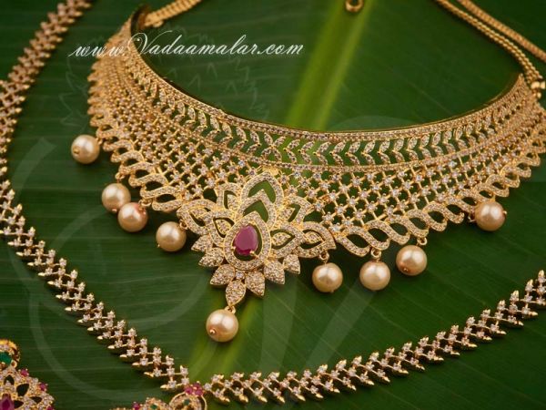 A.D Stones Short and Long Necklace Indian Bridal Jewellery Set
