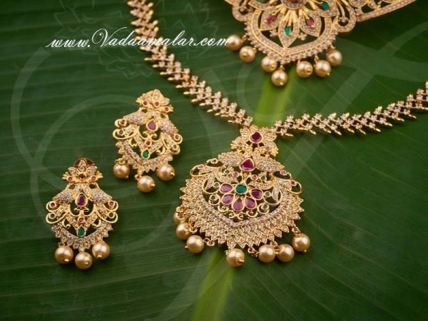 Peacock Design Ruby Emerald Stones Short and Long Necklace Indian Bridal Jewellery Set