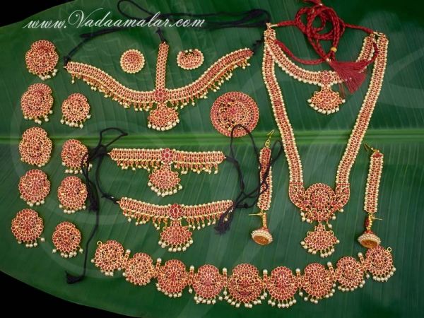 Red Color Indian Bridal Jewellery Set Traditional 10 piece ornaments for Saree & Lehenga