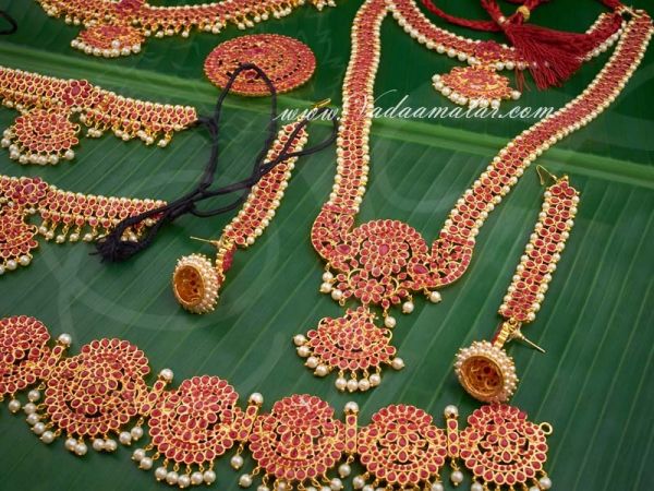 Red Color Indian Bridal Jewellery Set Traditional 10 piece ornaments for Saree & Lehenga