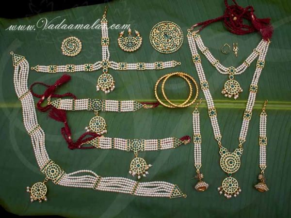 Kathak Dance Jewellery Green Stones With Pearls Set
