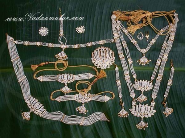 Lotus Design Kathak Dance Jewellery White Color Stones with Pearls Set