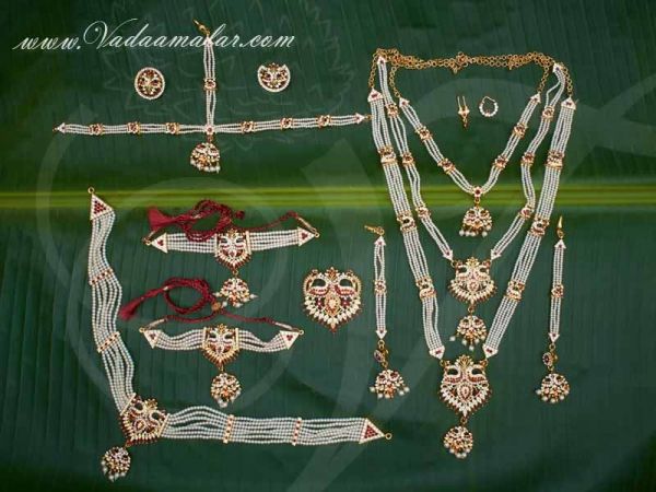 Peacock Design Kathak Dance Jewellery White and Red Stones With Pearls Set