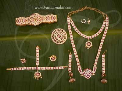 White with Pink Stone Indian Bridal Grand Wedding Jewellery Kuchipudi Dance Set