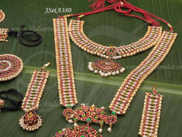 Bharatanatyam Kuchipudi Temple Jewellery Kemp Red and Green White Stone Jewellery Dance Set 