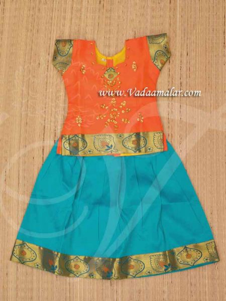 Orange with Green Pavadai Chattai Kids South India Design Skirt Blouse Buy Now -Size 20