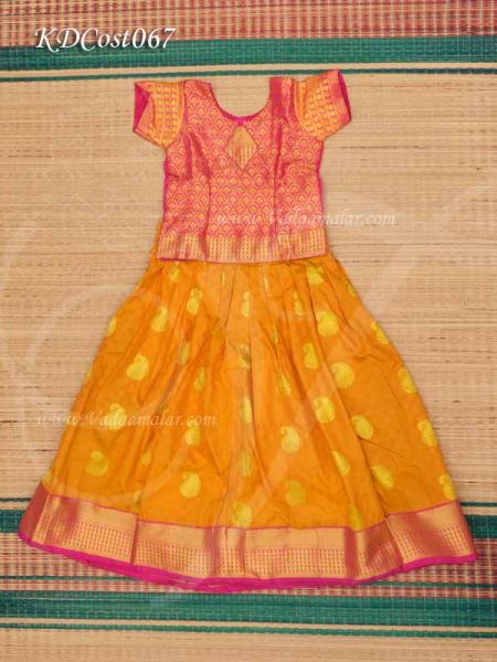 Mustard with Pink Colour Pavadai Chattai South India Design Skirt and Blouse - 30 Size