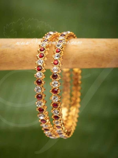 2 Red Kemp And White Stones Bharatanatyam Kuchipudi Oranaments Bangles Bracelets