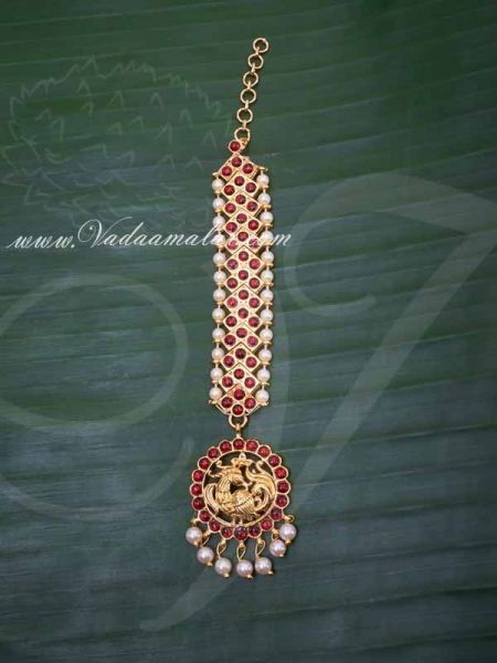 Peacock Design Red Color Kemp Stone Indian head Ornament Maang tikka Chutti Buy Now