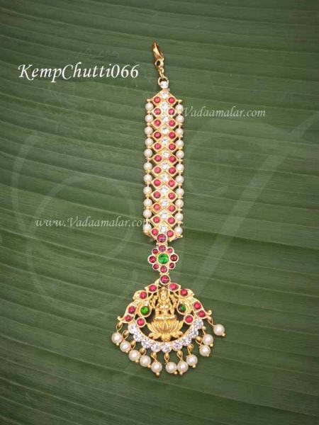 Chutti Kemp Red Green Stone Design Indian Head Ornament Lakshmi Tikka 6 inches
