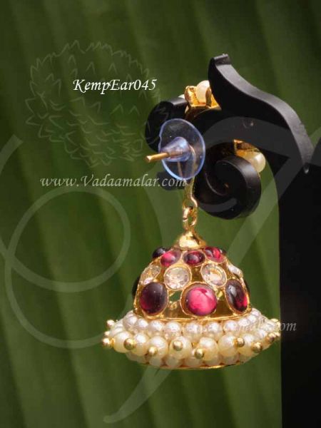 Jhumka Earrings Red Color Kemp Stone with Pearl Jhumkis