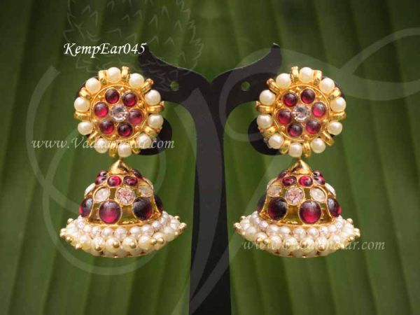 Jhumka Earrings Red Color Kemp Stone with Pearl Jhumkis