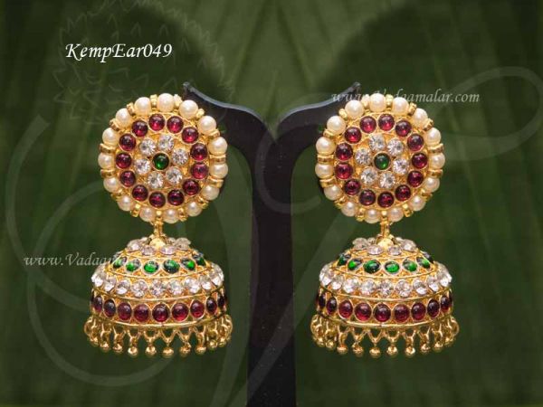  Kemp and pearl Jhumkis Jhumka Traditional South India Earrings 
