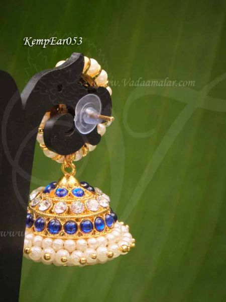 Blue Kemp and pearl Jhumkis Jhumka Traditional South India Earrings 