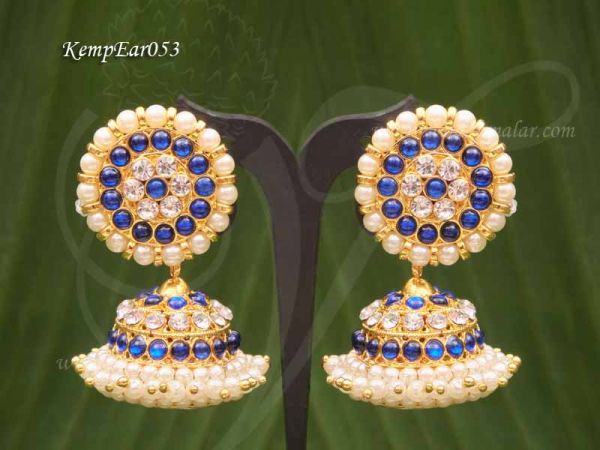 Blue Kemp and pearl Jhumkis Jhumka Traditional South India Earrings 