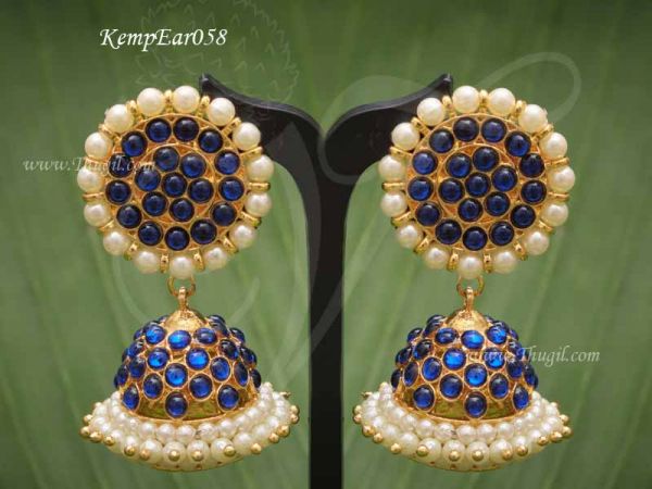 Blue Color Kemp Stone with Pearl Jhumkis Traditional South India Earrings