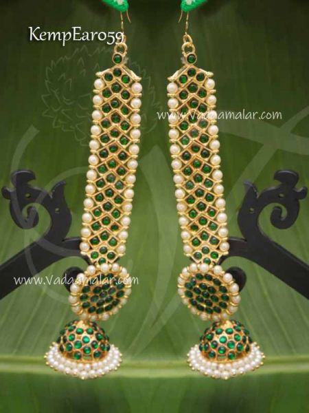 Green Kemp Stone Mattal With Jimiki Ear Chain Extension For Barathanatyam Dance jewellery 4.5 inches