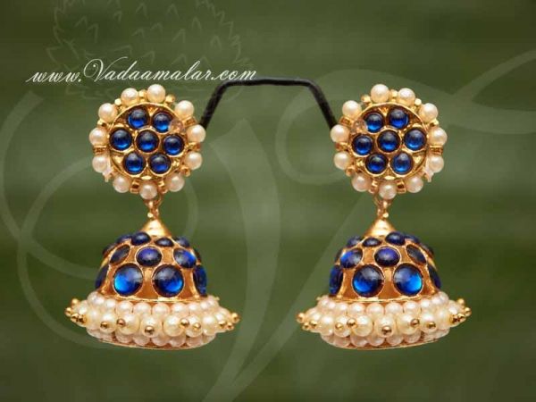 Blue Color Kemp Stone with Pearl Jhumkis Traditional South India Earrings