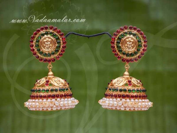 Jhumka Earrings Green And Red Color Kemp Stone with Pearl Jhumkis 