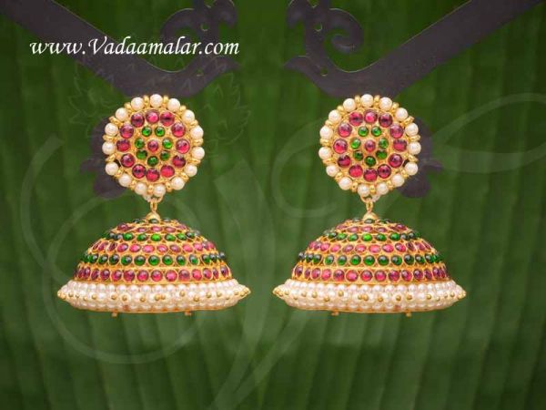 Maroon With Green Color Kemp Stones with Pearl Jhumkis Traditional South India Earrings Buy Now