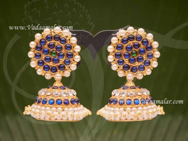 Blue Kemp Stone with Pearl Jhumkis Traditional South India Earrings