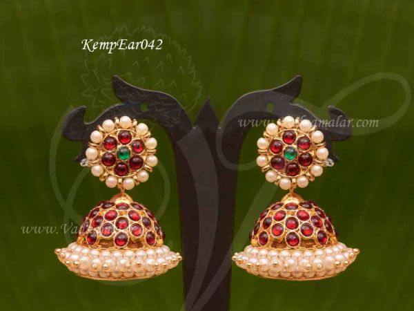 Jhumka Earrings Red Color Kemp Stone with Pearl Jhumkis Buy Online
