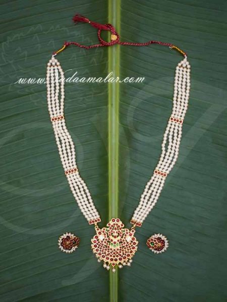 Kemp Necklace Temple Jewellery with Pearls MuthuMalai and Jhumka Set Available online