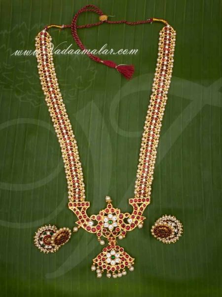 Temple Long Necklace with Earring Set Kempu Stone Bharatanatyam Jewelry Buy Now